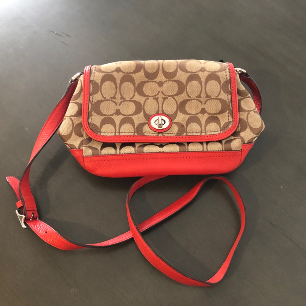 Vintage Coach Signature Tan and Red Crossbody Bag